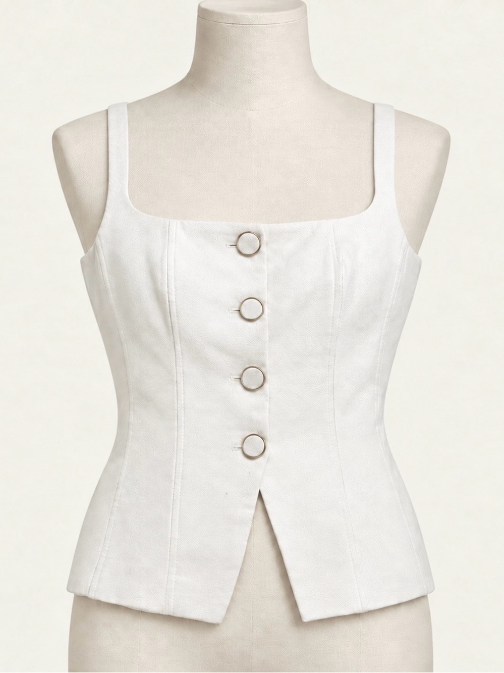 Caroline Constas Corset Top White Cotton Gold Rim Buttons Size 10